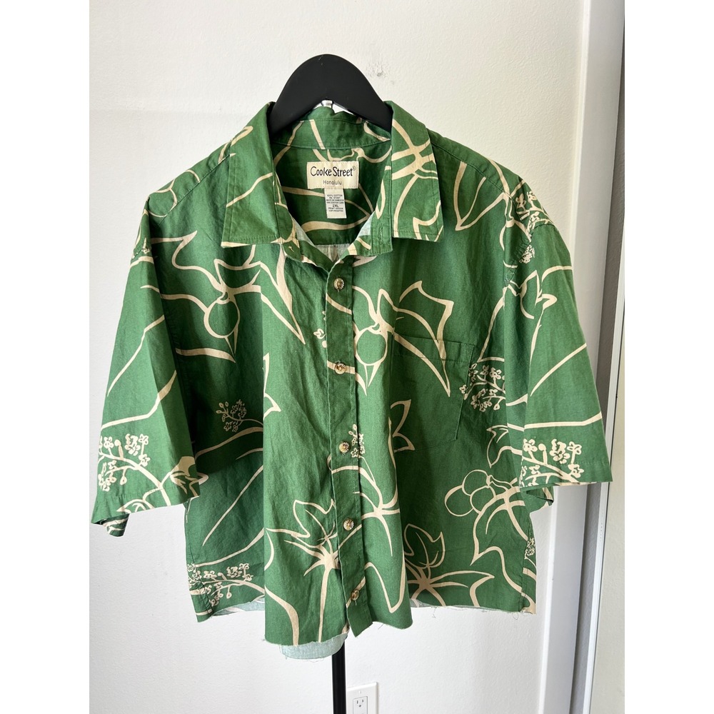 Cooke Street Honolulu Green Tropical Print Cropped Cotton Button Up Shirt 2XL